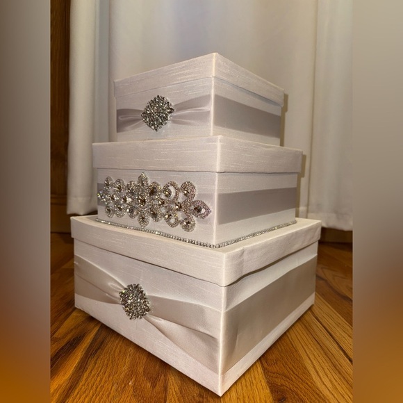 Wedding Card Gift Box White Rhinestones 3 Tiers Satin Ribbon - Picture 2 of 4